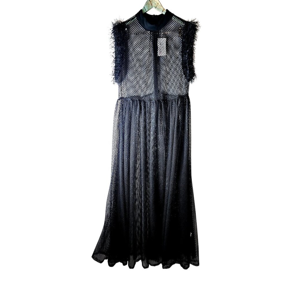 Posh Shoppe Sheer Feather Sleeve High Neck Full Mesh Black Dress,  1X, NWT